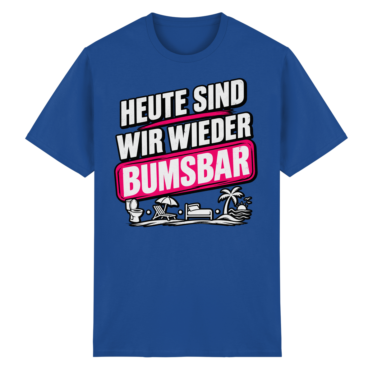Frontansicht des royalblauen Baumwollshirts mit grafischem Druck und kurzen Ärmeln.