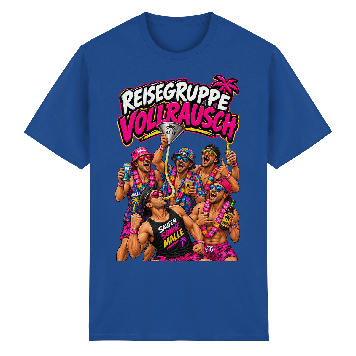 Vorderansicht des blauen T-Shirts mit grafischem Druck und kurzen Ärmeln.