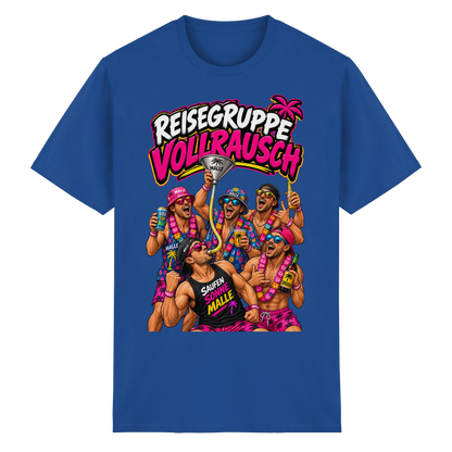 Vorderansicht des blauen T-Shirts mit grafischem Druck und kurzen Ärmeln.
