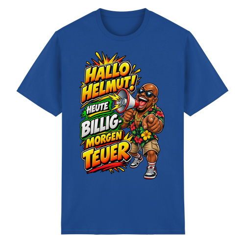 Vorderansicht des blauen Baumwoll-T-Shirts mit grafischem Druck und kurzen Ärmeln.
