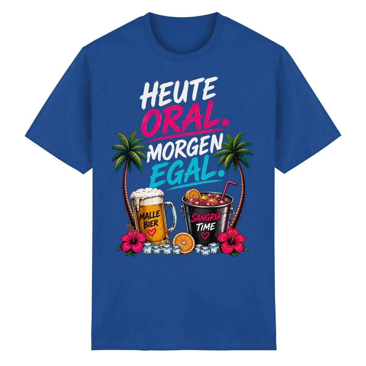 Frontansicht des blauen Heavy Cotton T-Shirts mit grafischem Druck und Palmenmotiven.