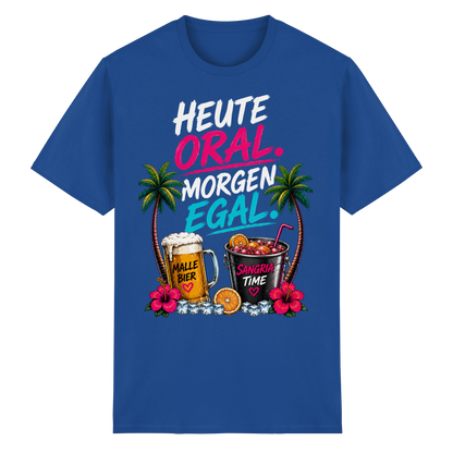 Frontansicht des blauen Heavy Cotton T-Shirts mit grafischem Druck und Palmenmotiven.