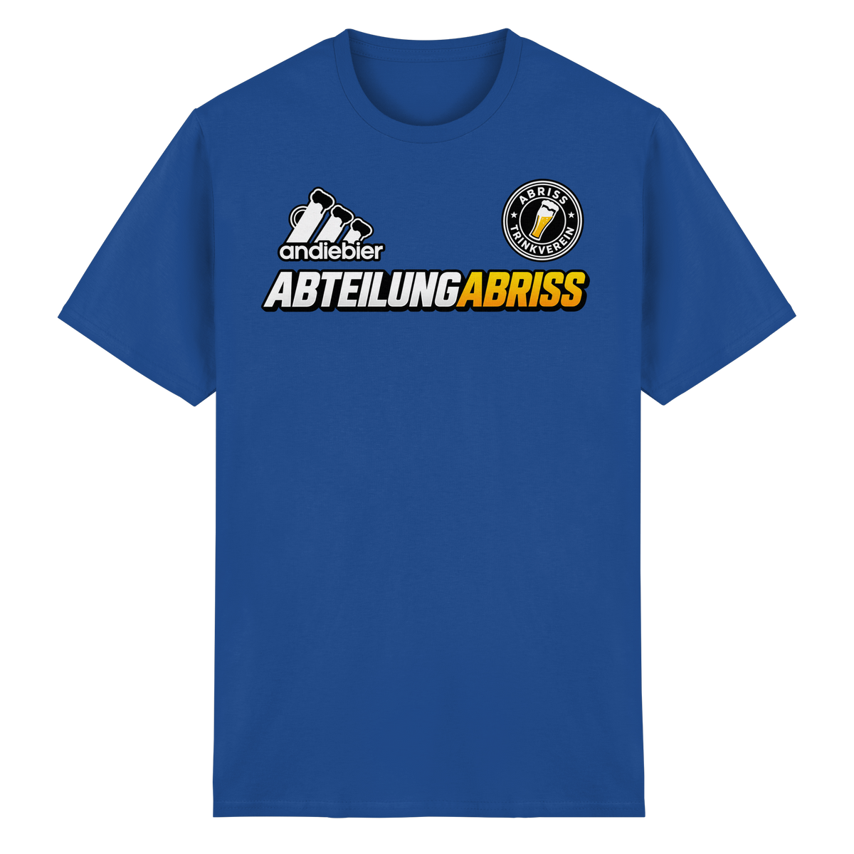 Frontansicht des royalblauen T-Shirts mit Logo-Druck und kurzen Ärmeln.
