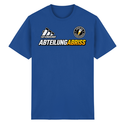 Frontansicht des royalblauen T-Shirts mit Logo-Druck und kurzen Ärmeln.