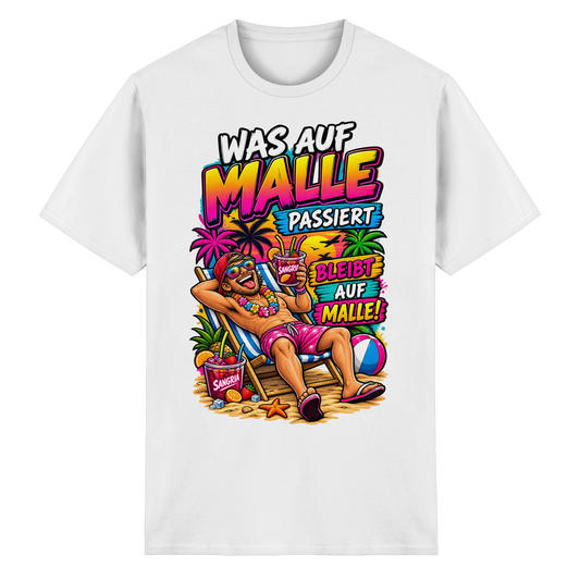 Frontansicht des weißen Baumwollshirts mit grafischem Druck und kurzen Ärmeln.
