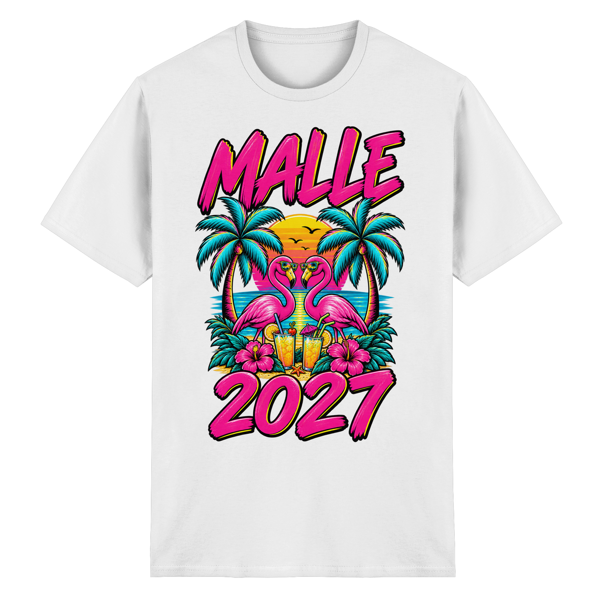 Frontansicht des weißen T-Shirts mit grafischem Druck und kurzen Ärmeln.