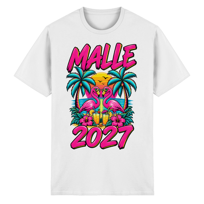 Frontansicht des weißen T-Shirts mit grafischem Druck und kurzen Ärmeln.