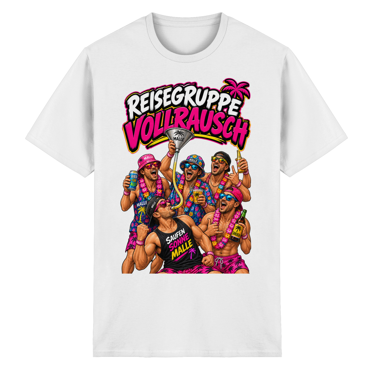 Vorderansicht des weißen T-Shirts mit grafischem Druck und kurzen Ärmeln.