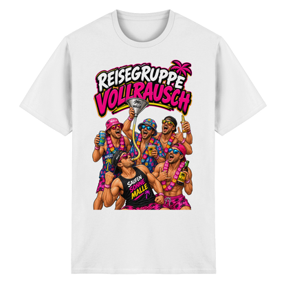 Vorderansicht des weißen T-Shirts mit grafischem Druck und kurzen Ärmeln.
