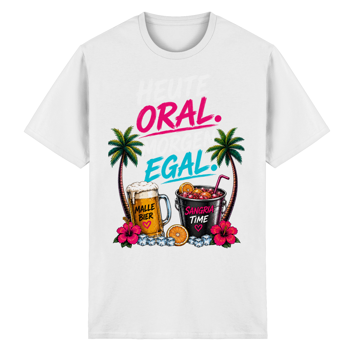 Frontansicht des weißen Heavy Cotton T-Shirts mit grafischem Druck und Palmenmotiven.