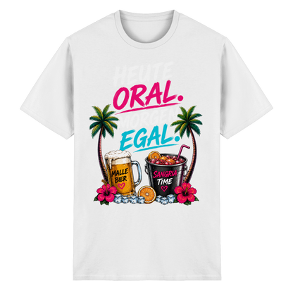 Frontansicht des weißen Heavy Cotton T-Shirts mit grafischem Druck und Palmenmotiven.