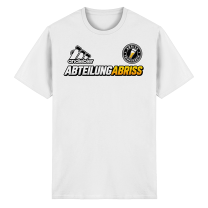 Frontansicht des weißen Baumwoll T-Shirts mit grafischem Druck und kurzen Ärmeln.